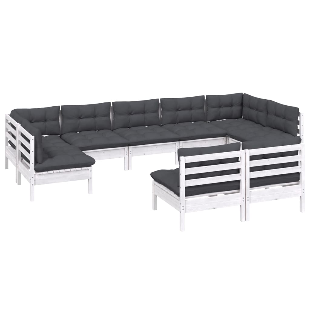 9-tlg. Garten-Lounge-Set mit Kissen Weiss Kiefer Massivholz